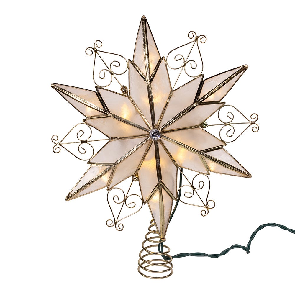 Kurt Adler 10-Light LED 6-Point Brass Plated Capiz Star With Scroll Design Tree Topper